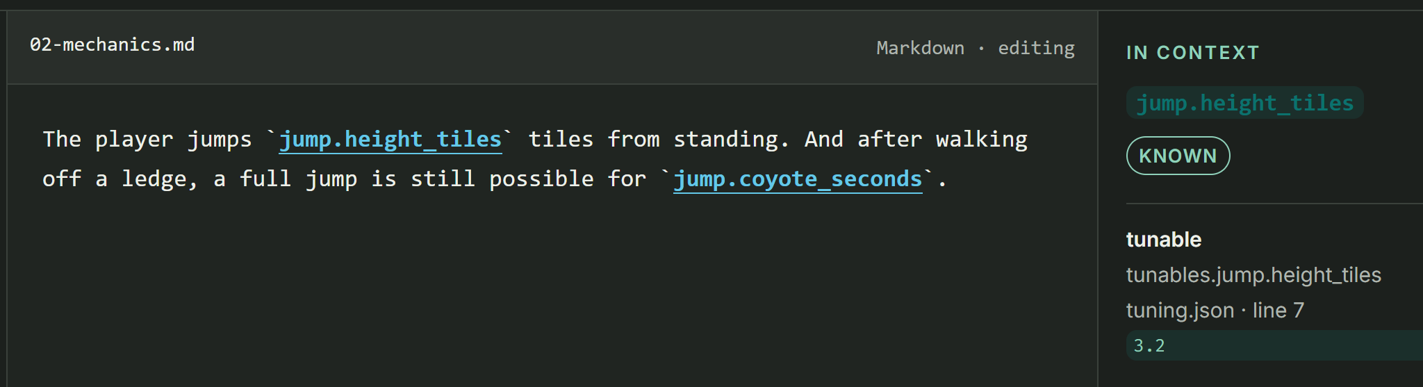 The authoring tool showing a mechanics sentence citing jump.height_tiles, with a side panel classifying the key as a known value defined in tuning.json with value 3.2